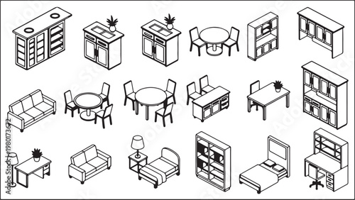 Modern Home Interior Outline Icon Set – Furniture and Decor Minimal Line Vector Pack