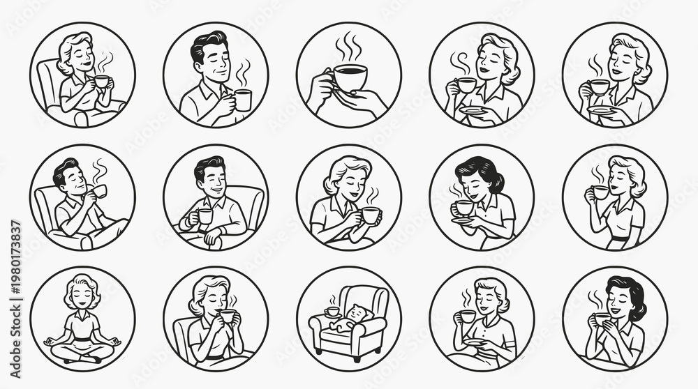Fototapeta premium Set of retro style line art icons featuring people drinking coffee and relaxing in circular frames