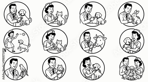 illustration set of veterinarians and nurses caring for different animals and pets