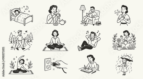 Set of retro style line art illustrations featuring various mental health and self care activities