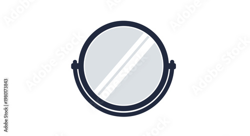 A simple illustration depicts a circular makeup mirror with a dark blue frame and reflective surface