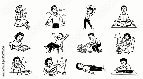 Set of  illustrations showing people doing various wellness activities and relaxing hobbies