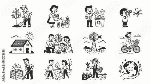 Set of retro style line art illustrations featuring people practicing eco friendly habits and environmental care