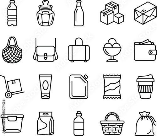 A collection of various everyday objects and icons in a simple line drawing style