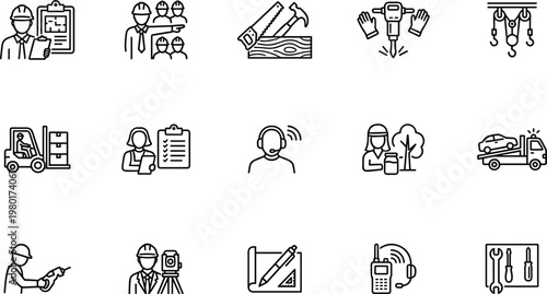 A collection of black and white line icons depicting various construction and industry related concepts and tools