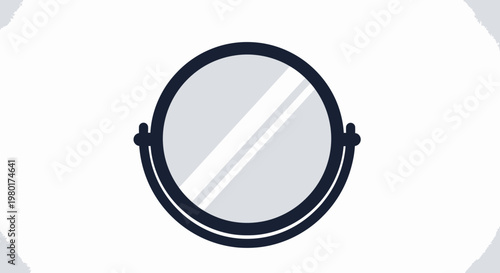 A simple flat illustration depicts a circular handheld mirror with a dark blue frame
