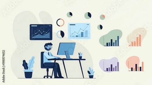Man analyzing data on a computer surrounded by business charts and graphs. Digital workflow and financial analytics. Modern flat design illustration of professional work