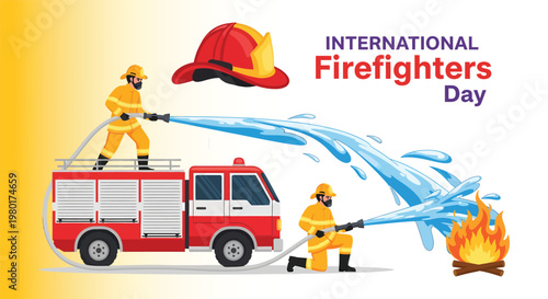 International firefighters day illustration with firetruck and brave heroes