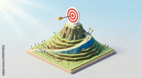 Isometric mountain with a golden arrow hitting the peak target among broken arrows on the path, persistence concept.