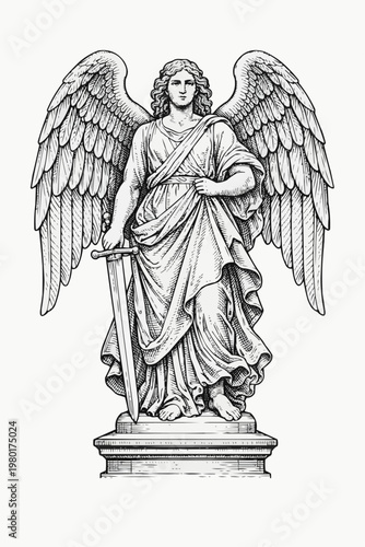 Vintage Engraving Style Illustration of an Archangel Holding a Sword
