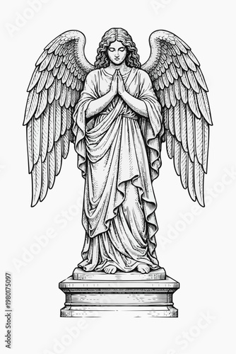 Antique Style Drawing of a Praying Angel with Folded Hands
