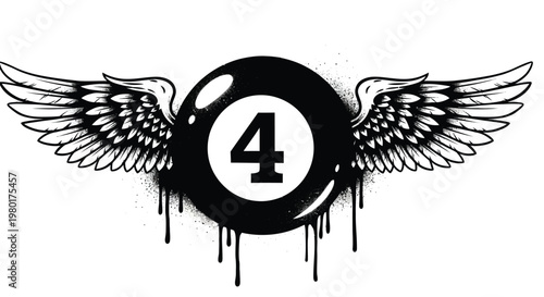 A striking black and white illustration of a winged eight ball displaying the number four