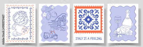 Vintage Hand drawn Italian posters set with stamp frames scooter travel, sardines, olive, tile,  artichoke,  oil, basil . Amalfi lemon beach vacation bg. Mediterranean coastal frame of Italy