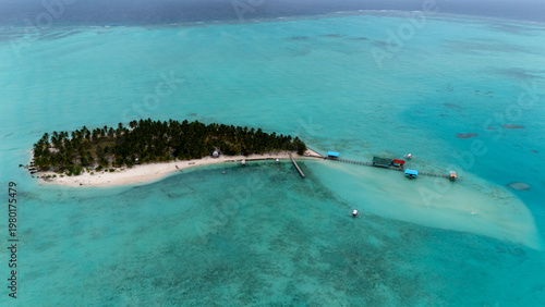 Drone Aerial View of Onok Island, Balabac, Philippines. Tropical Beach, Clear Water, Coral Reefs and Turtles.