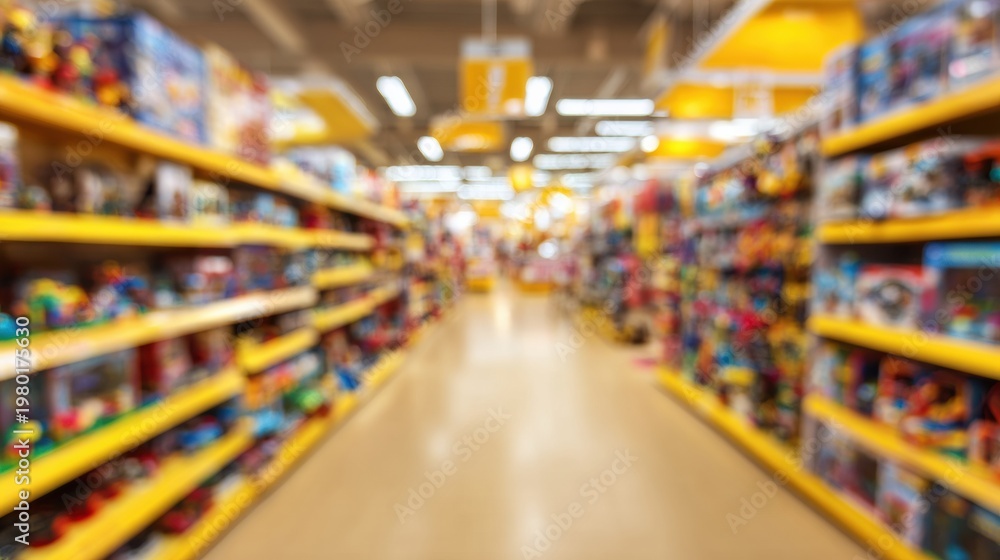 Fototapeta premium Bright Yellow and Red Banner Promotes Toys in a Store With Colorful Shelves and Empty Space for Announcements During Sales and Events