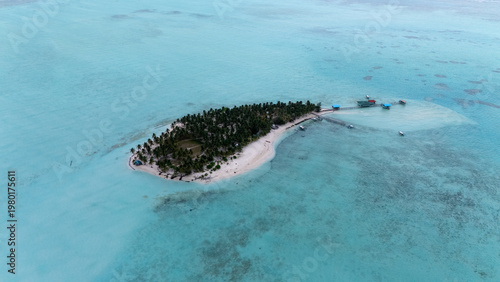 Drone Aerial View of Onok Island, Balabac, Philippines. Tropical Beach, Clear Water, Coral Reefs and Turtles.
