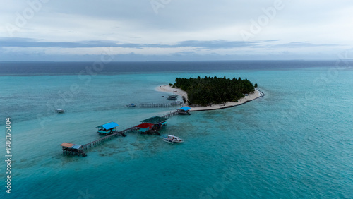 Drone Aerial View of Onok Island, Balabac, Philippines. Tropical Beach, Clear Water, Coral Reefs and Turtles.