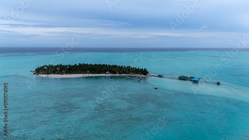 Drone Aerial View of Onok Island, Balabac, Philippines. Tropical Beach, Clear Water, Coral Reefs and Turtles.