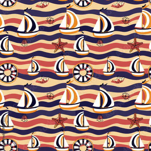 Patrón sin costuras con barcos y olas en estilo colorido dinámico.
