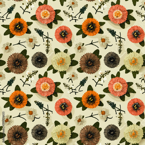  Patrón sin costuras con flores y hojas en estilo botánico detallado.
