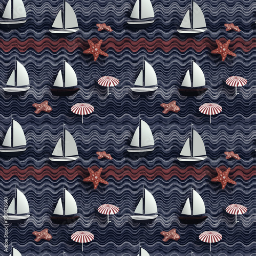 Patrón sin costuras con barcos, conchas y estrellas de mar sobre fondo oscuro.
