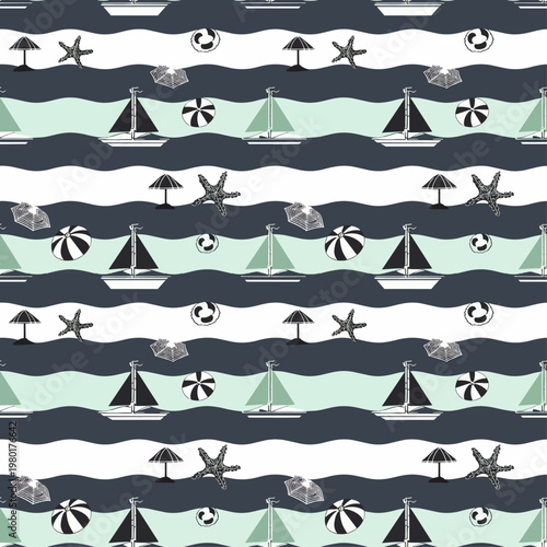  Patrón sin costuras con olas, veleros y elementos marinos en estilo gráfico.
