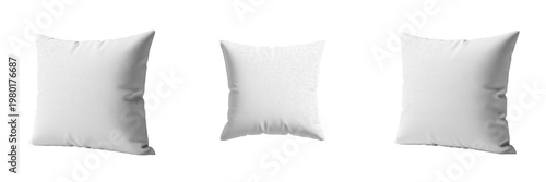 White Pillow Cushion Professional Set of Square White Throw Pillows Shown in Three Different Perspective Angles Isolated on Plain White Background for Home Decor and Commercial Assets