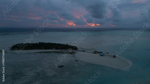 Drone Aerial View of Onok Island, Balabac, Philippines. Tropical Beach, Clear Water, Coral Reefs and Turtles.