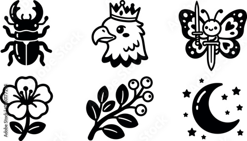 Black and white vector icons of stag beetle eagle head butterfly flower branch and crescent moon