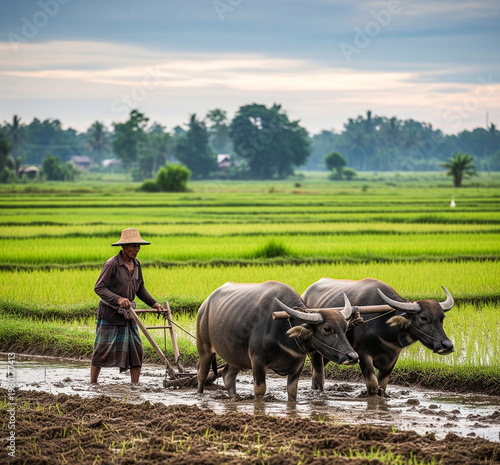 A dedicated farmer and two strong water buffalo methodically plowing a lush green paddy field under a serene sky, embodying time-honored agricultural traditions in a rural Asian landscape