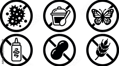 Black and white allergen free icons with crossed symbols for common allergens and irritants