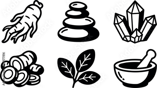 Black and white icons of ginseng root stones crystals leaves and mortar with pestle
