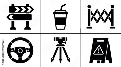 Black and white vector icons collection with steering wheel coffee cup and caution signs
