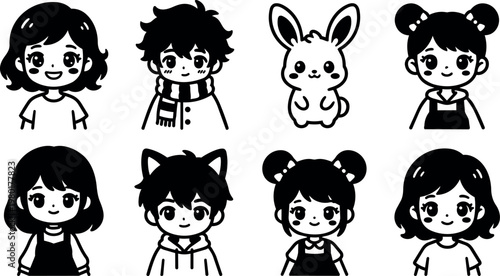 Black and white cute cartoon boys girls and bunny character icons set
