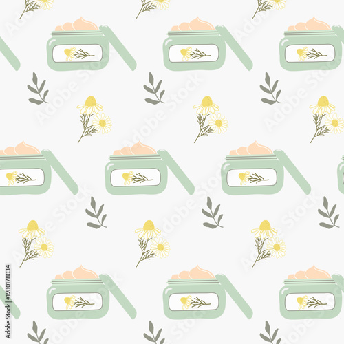 Seamless pattern with natural cosmetic jars featuring chamomile extract and daisy flowers. Minimalist botanical background for herbal beauty packaging design in hand drawn naive vector style.