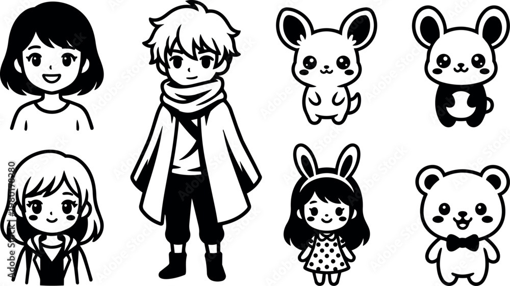 Obraz premium Black and white vector art collection of kids and cute animals with bunny ears and bow tie