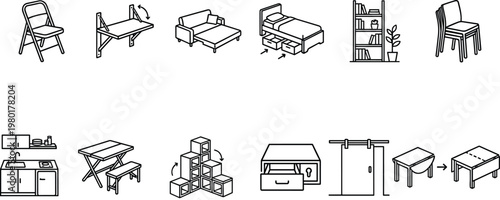A collection of various furniture items and household objects in simple line drawings.