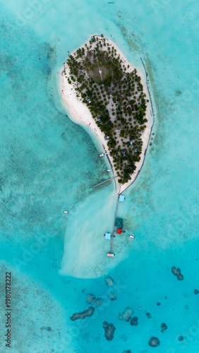 Drone Aerial View of Onok Island, Balabac, Philippines. Tropical Beach, Clear Water, Coral Reefs and Turtles.