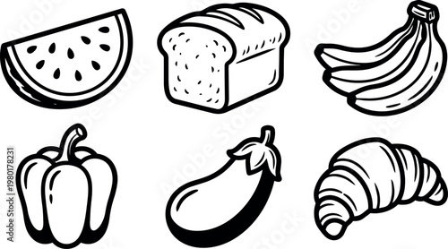 Black and white line art bread banana croissant watermelon eggplant and bell pepper set
