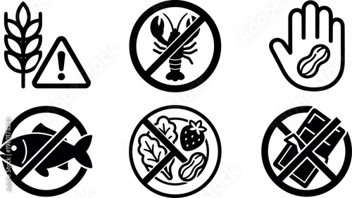 Allergy warning icons for gluten seafood peanut fish strawberry and chocolate restrictions