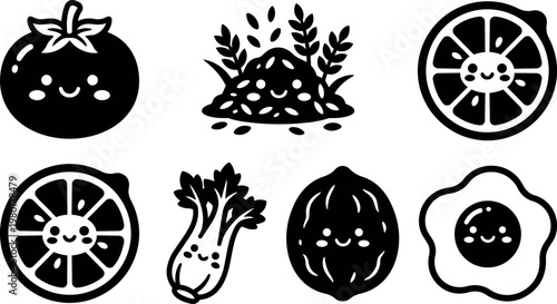 Black and white cute smiling fruit vegetable and seed icons in flat vector style