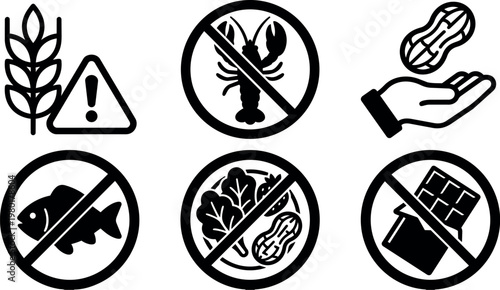 Black and white food allergen warning icons with nuts fish and gluten