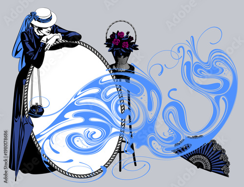 Woman in a retro dress standing behind a large oval Magic mirror with dynamic blue swirls next to a basket of roses on a table and an open fan. Vector 
illustration in color engraved drawing style.