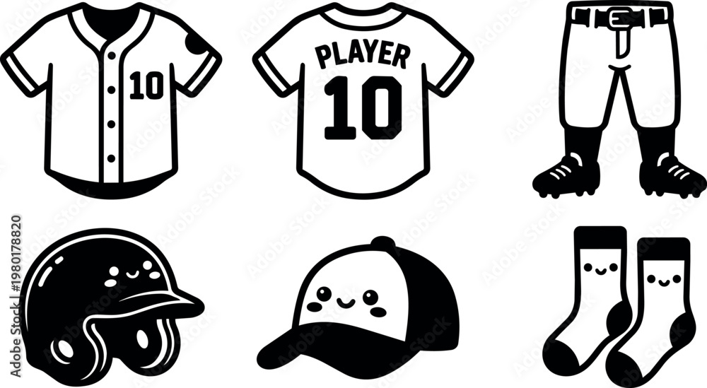 Fototapeta premium Black and white cute baseball jersey helmet cap and sport clothing vector art