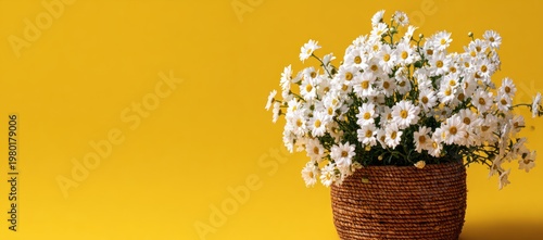 White daisies in a woven basket against a bright yellow background.
