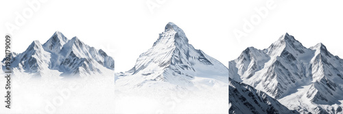 Принти на полотні Snowy Mountain Peak Isolated on White Background, Set of Three Majestic Alpine S