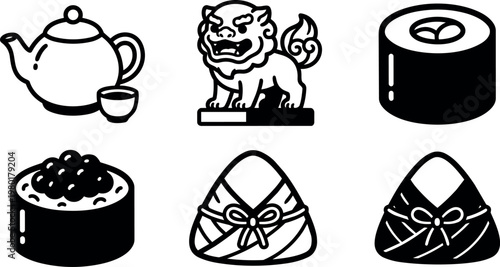 Black and white line art asian tea set lion statue sushi and rice wrapped food vector illustration