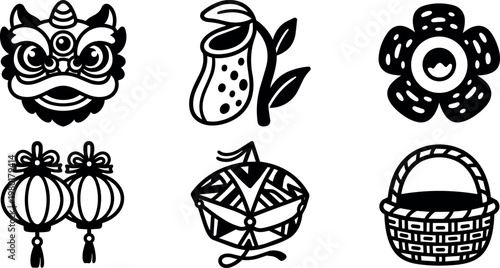 Chinese lion head flower lantern basket and fruit pod icons