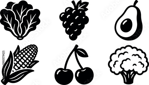 Lettuce grapes avocado corn cherries and cauliflower icons