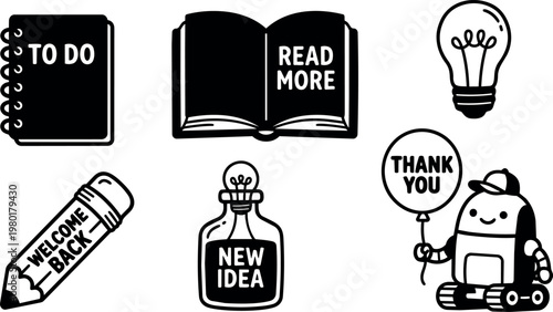 To do list read more book new idea bottle pencil welcome back and thank you robot with balloon